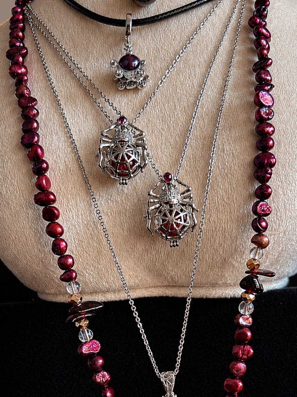 Spider Cage Necklace with Ruby Accent and Red Jade